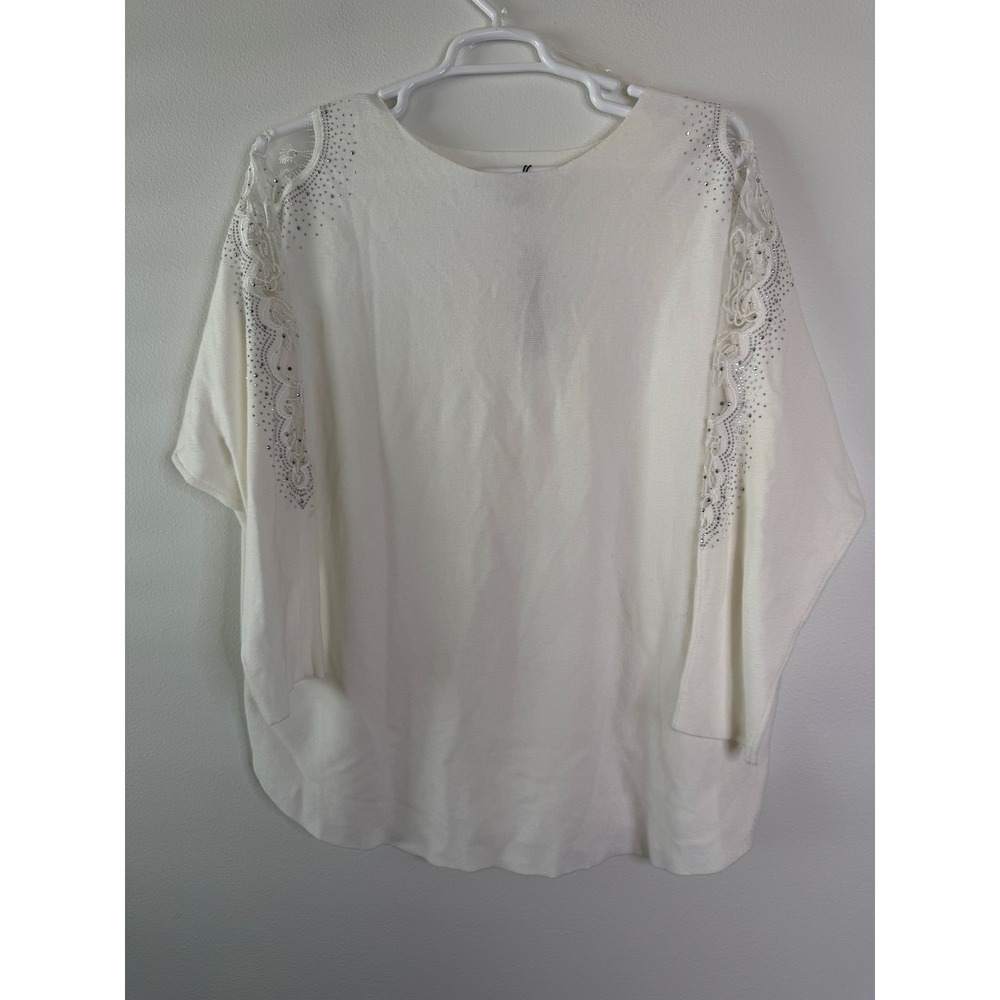 Tahari Ivory Lace Cutout Rhinestone Knit Top Plus Size 2X Ivory Long Sleeve Chic - Picture 2 of 10